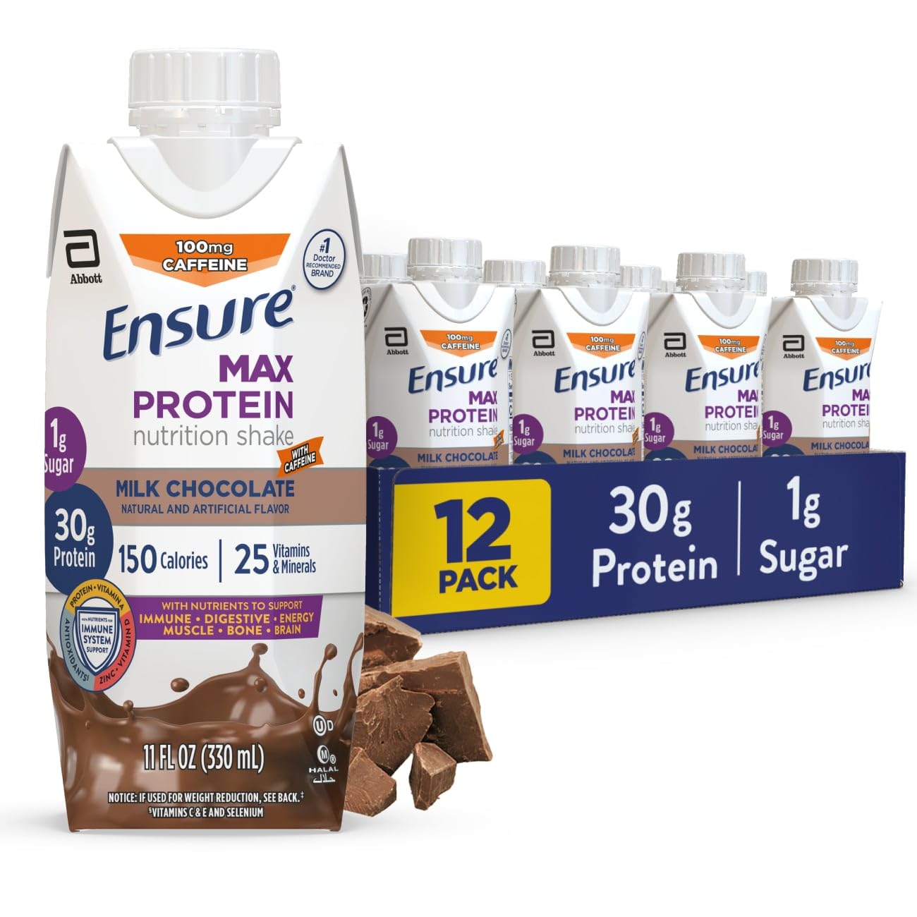 Ensure Max Protein Shake | Milk Chocolate | Ready to Drink | 30g Protein for Muscle Health | 1g Sugar, 4g Fiber | 11 fl oz, 12 Pack