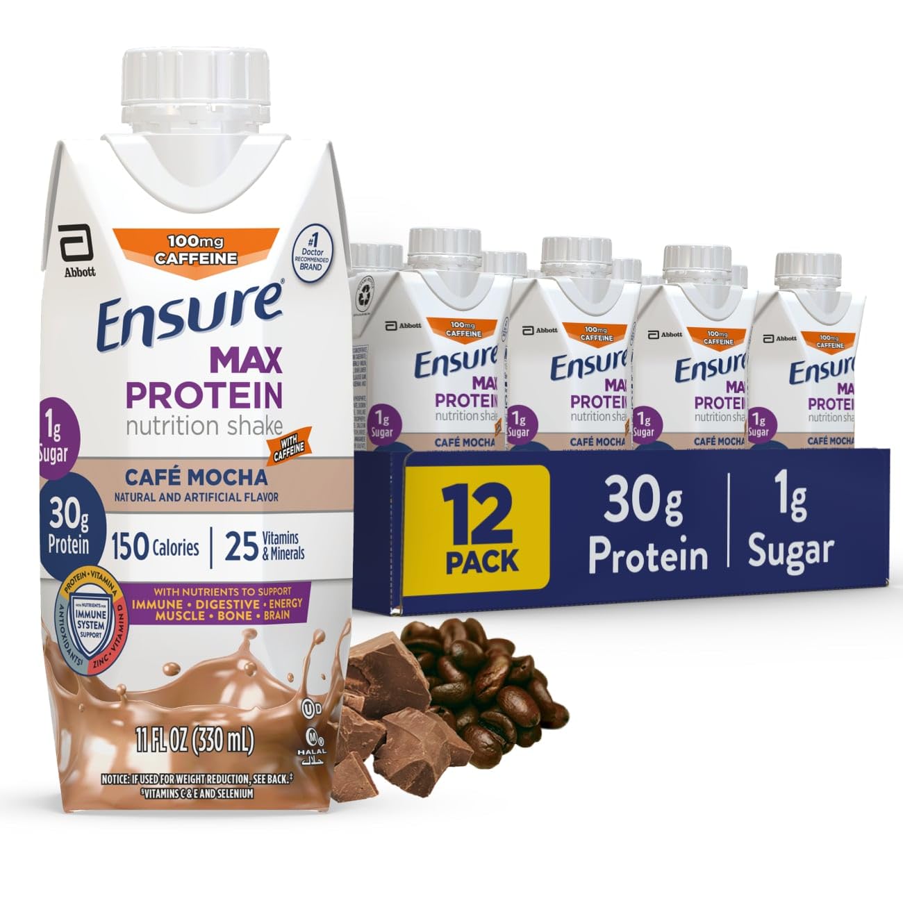 Ensure Max Protein Shake | Milk Chocolate | Ready to Drink | 30g Protein for Muscle Health | 1g Sugar, 4g Fiber | 11 fl oz, 12 Pack