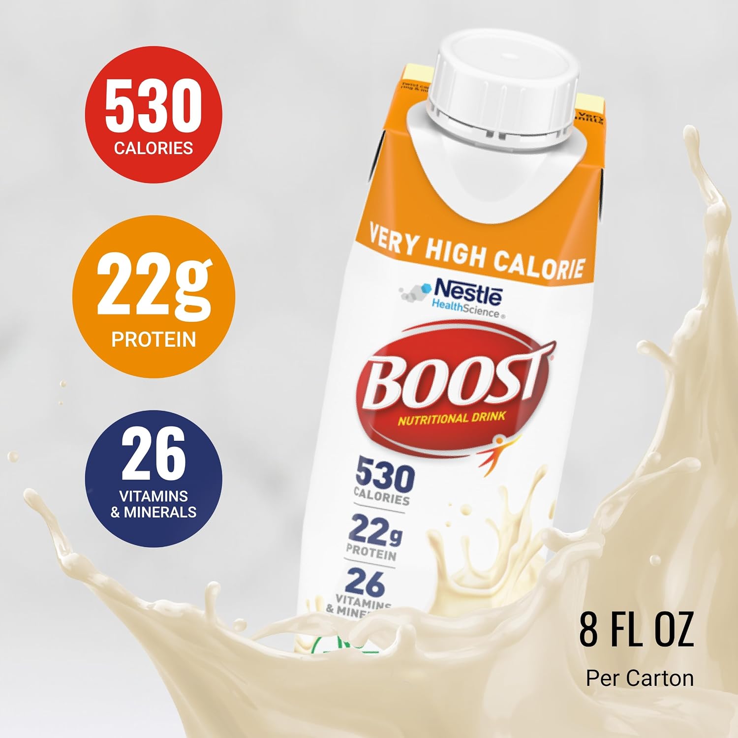 Boost Very High Calorie Very Vanilla Nutritional Drink – 22g Protein, 530 Nutrient Rich Calories, 8 Fl Oz (Pack of 24)