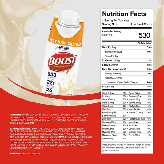 Boost Very High Calorie Very Vanilla Nutritional Drink – 22g Protein, 530 Nutrient Rich Calories, 8 Fl Oz (Pack of 24)